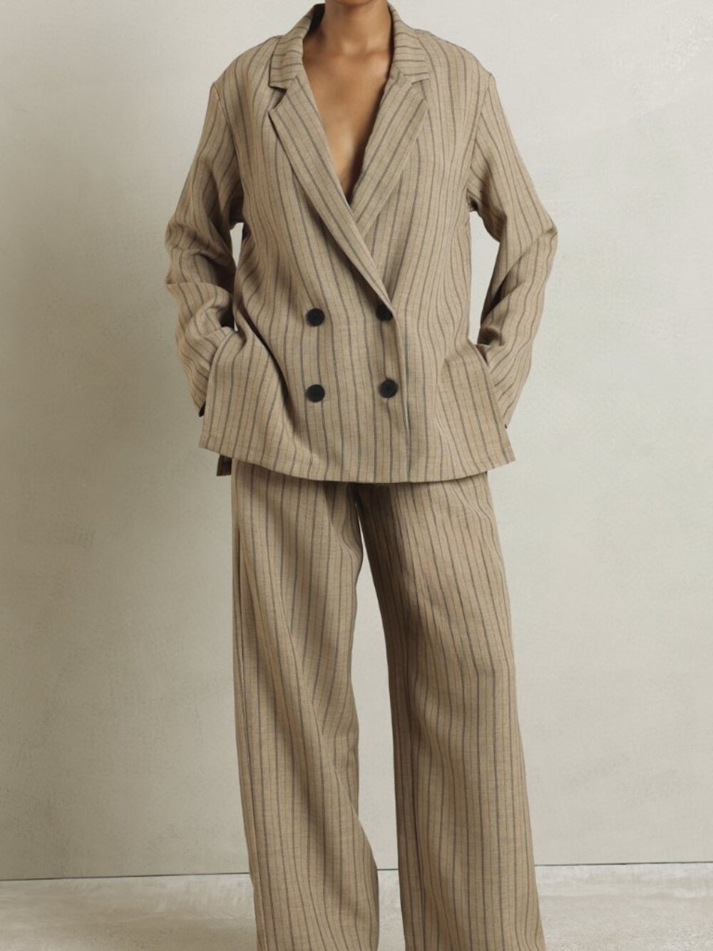 Khaki Elegant Women's Oversized Double-Breasted Pinstripe Blazer - Picture 3 of 7
